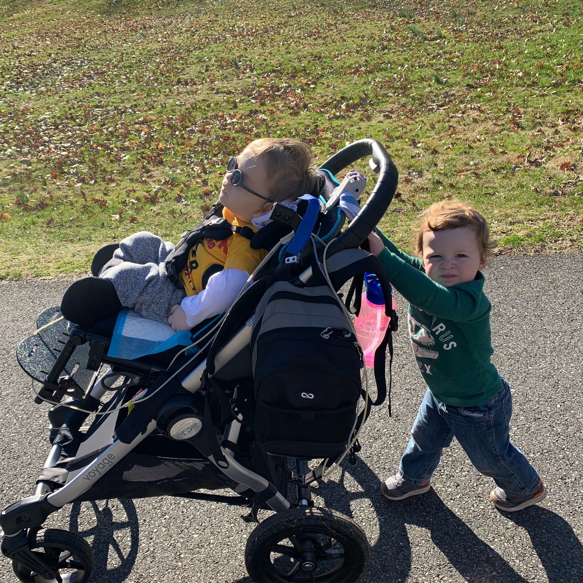 a young boy about 2 reaching up and pushing another boy about the same age in his wheelchair. They are on a paved pathway with a grassy field behind them. It is a sunny day.