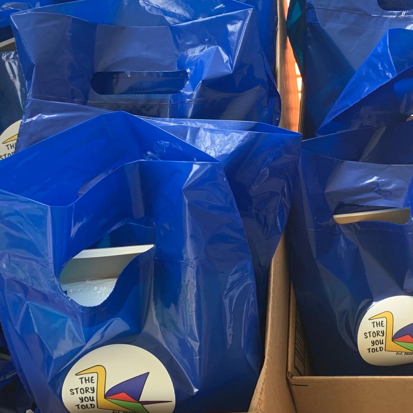 A box full of care packages packed in blue bags with handles and bearing the The Story You Told logo on the front